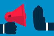 An illustration of a hand holding a red megaphone. On the other side of the illustration a large hand is held up as if to stop the person holding the megaphone from speaking.