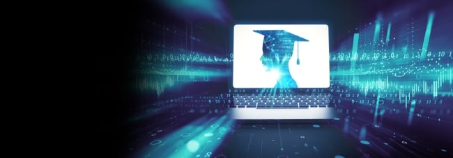 A computer screen with a silhouette wearing a graduation hat is surrounded by blue digital lines